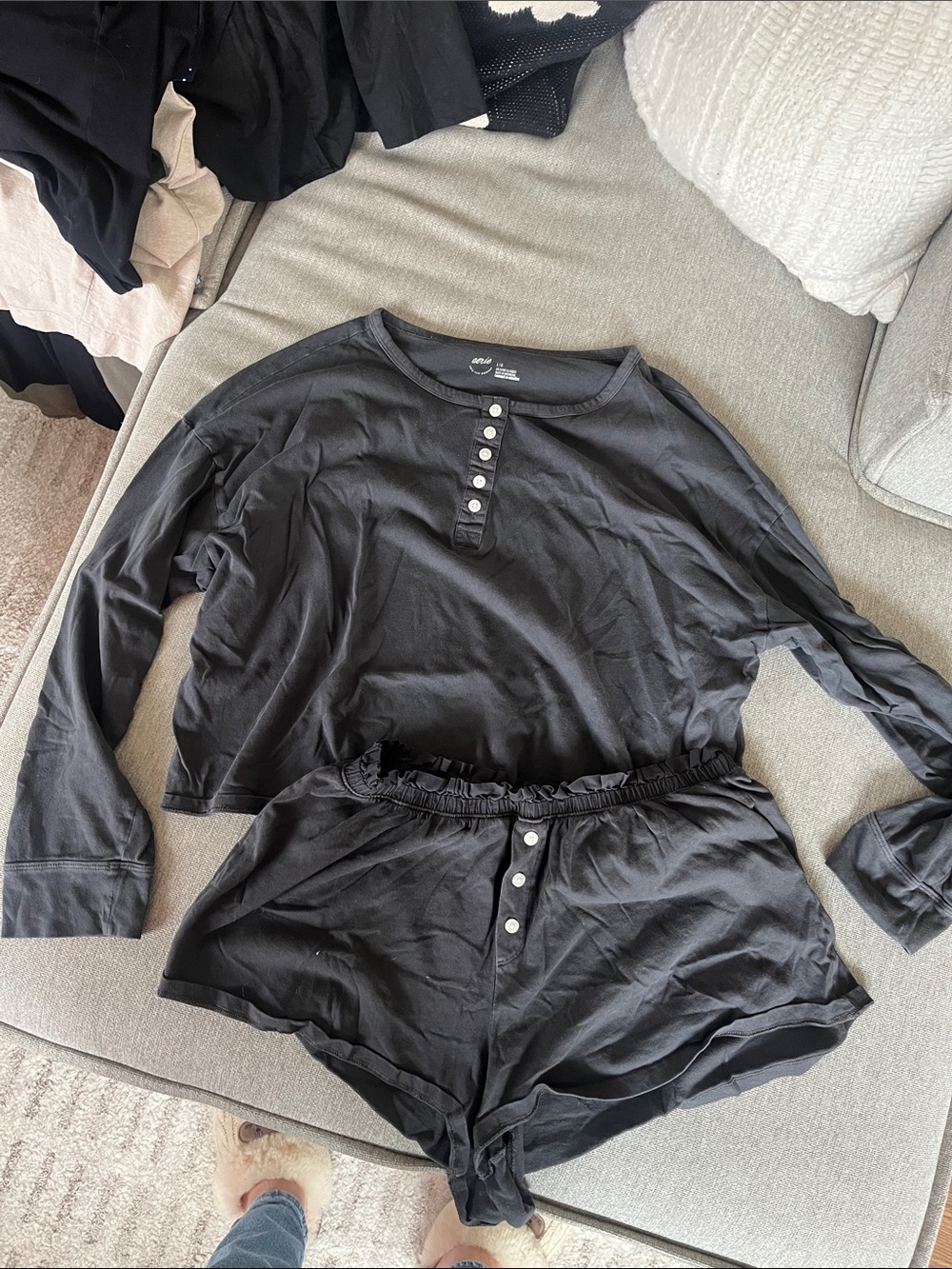 Aerie Women’s Black Button-Front crop Long Sleeve Sleep Top & Shorts Set